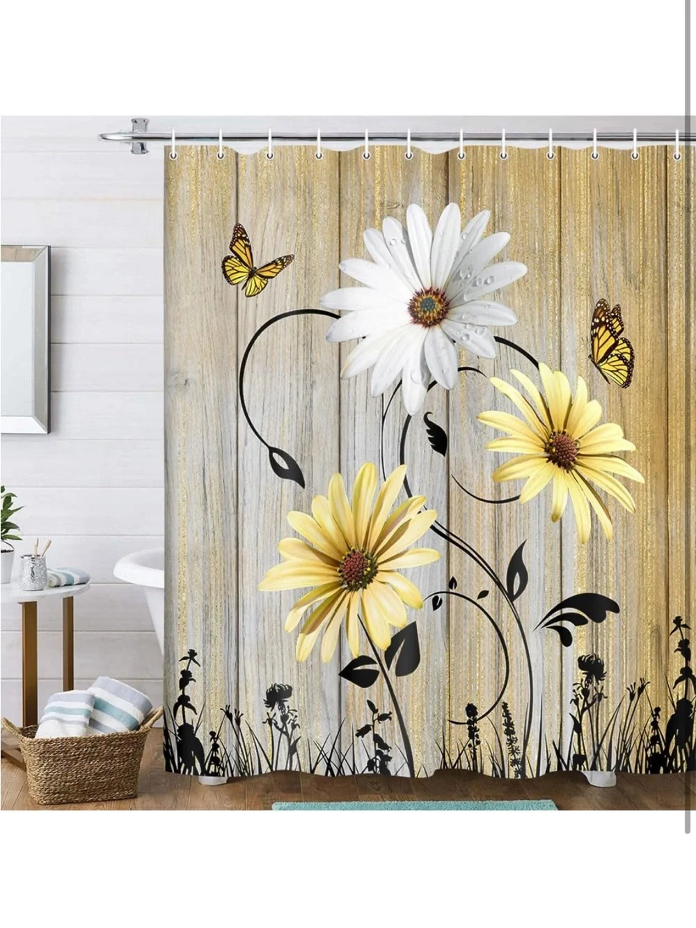 Rustic farmhouse Floral Daisy Butterfly Shower Curtain